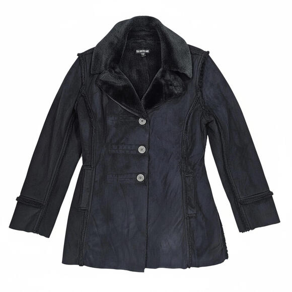 Bebe Y2K Black Faux Suede Jacket Grunge Chic Raw Seams Plush Lining Size S - Picture 5 of 9